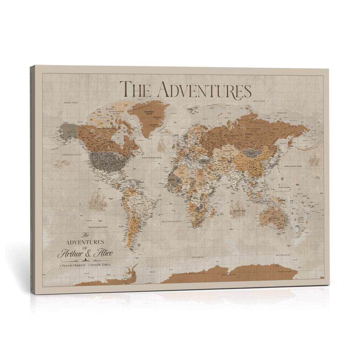 Custom World Map Canvas with Push Pins, Family Travel Tracker, Bedroom and Entryway Decor