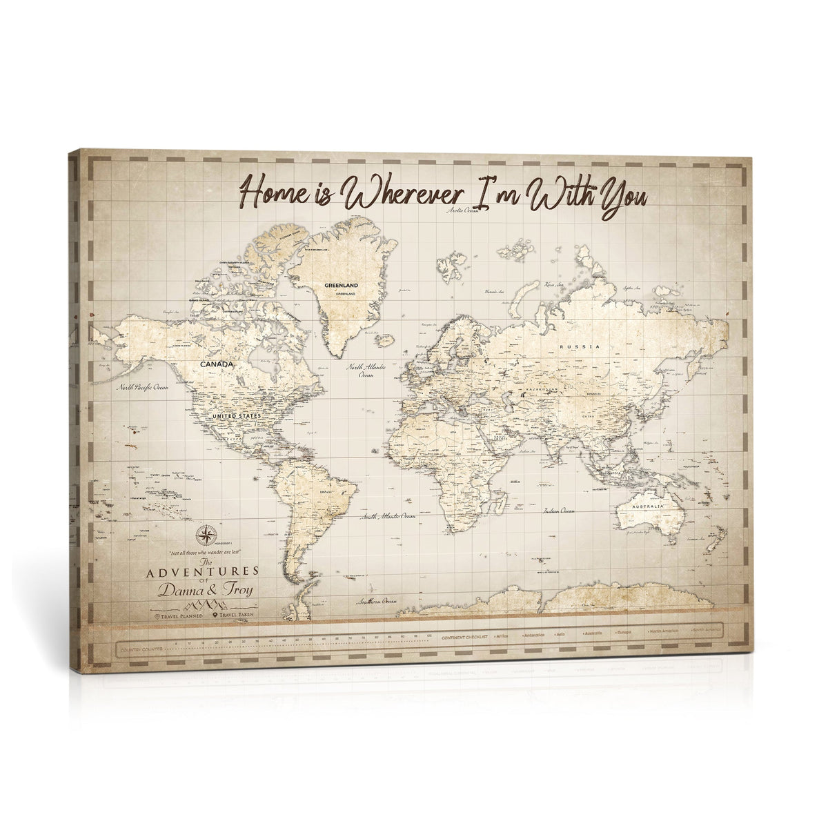 Custom Beige Push Pin Travel Map Canvas Print, Bucket List Map, Dining Room and Hallway Decor