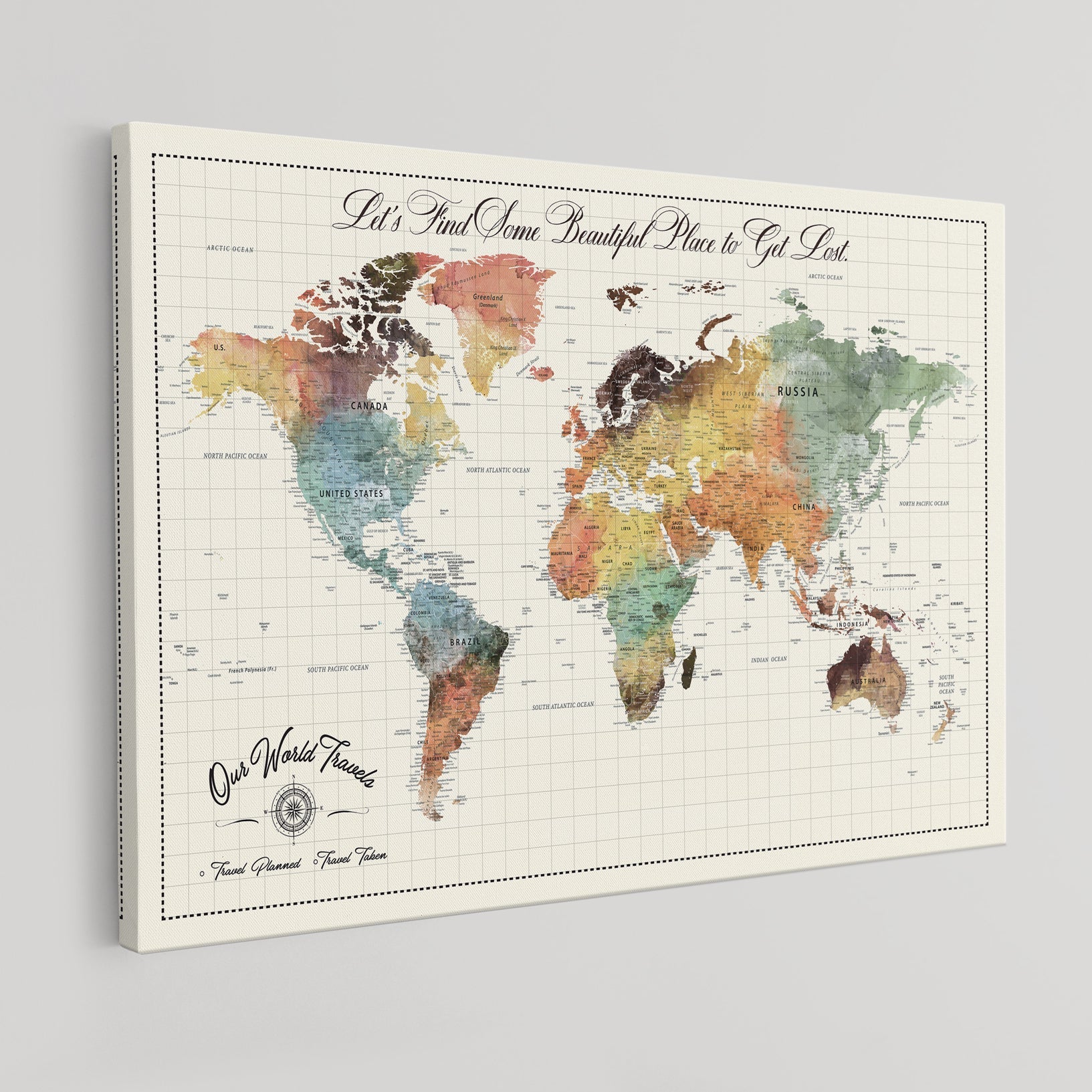'-Custom Framed World Map Canvas Print – Personalized Push Pin Travel Tracker Gift for Couples, Weddings, or Anniversary Celebrations - H76