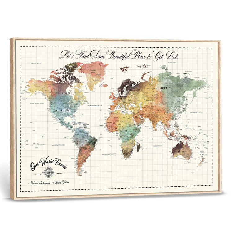'-Custom Framed World Map Canvas Print – Personalized Push Pin Travel Tracker Gift for Couples, Weddings, or Anniversary Celebrations - H76