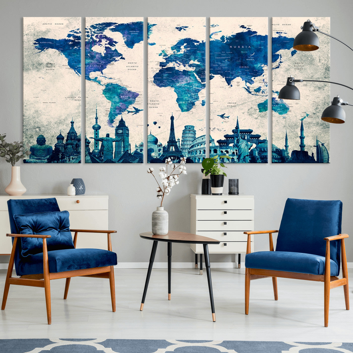 Navy Blue World Map Canvas Print, Wonder of World Map Push Pin Canvas Print