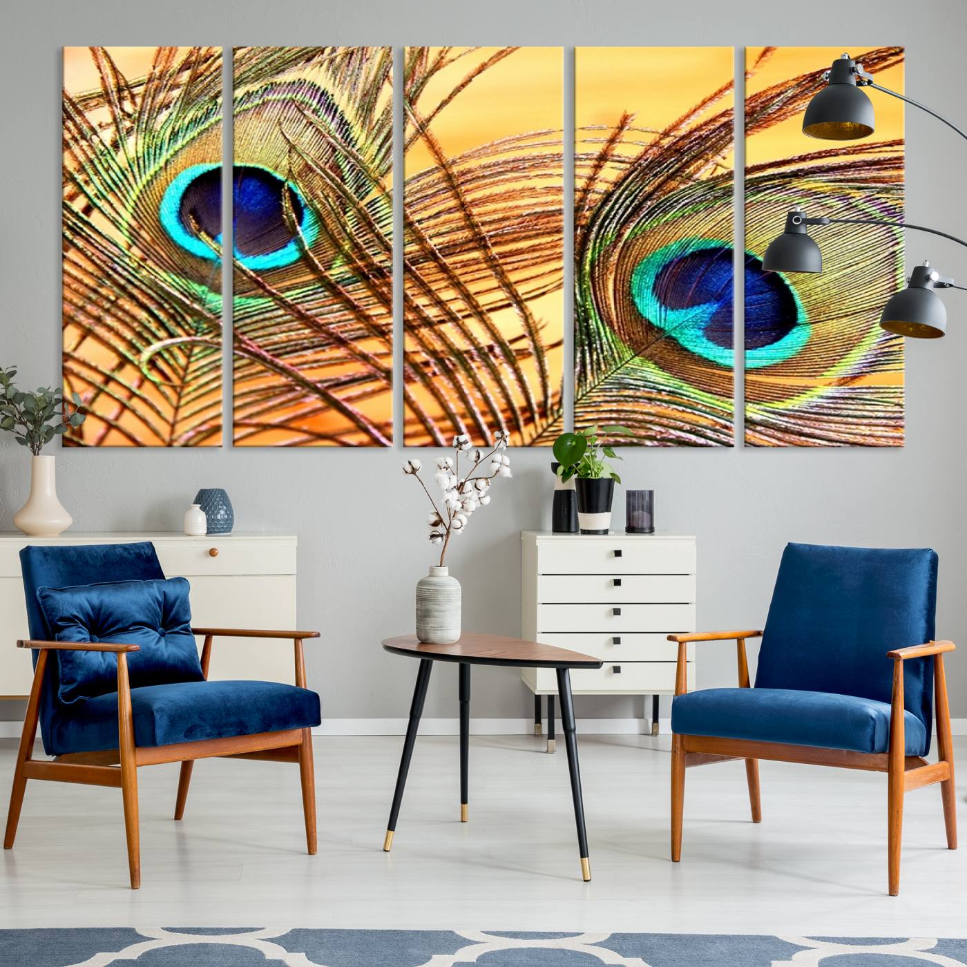 Peacock Feather Wall Art Print - Vibrant Green, Blue, and Orange Peacock Feather Design, Ready to Hang