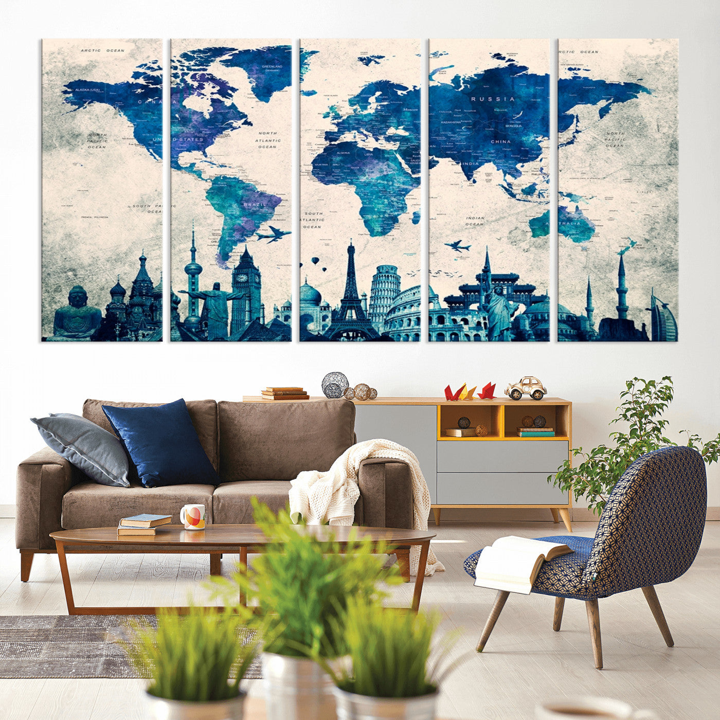 Navy Blue World Map Canvas Print, Wonder of World Map Push Pin Canvas Print
