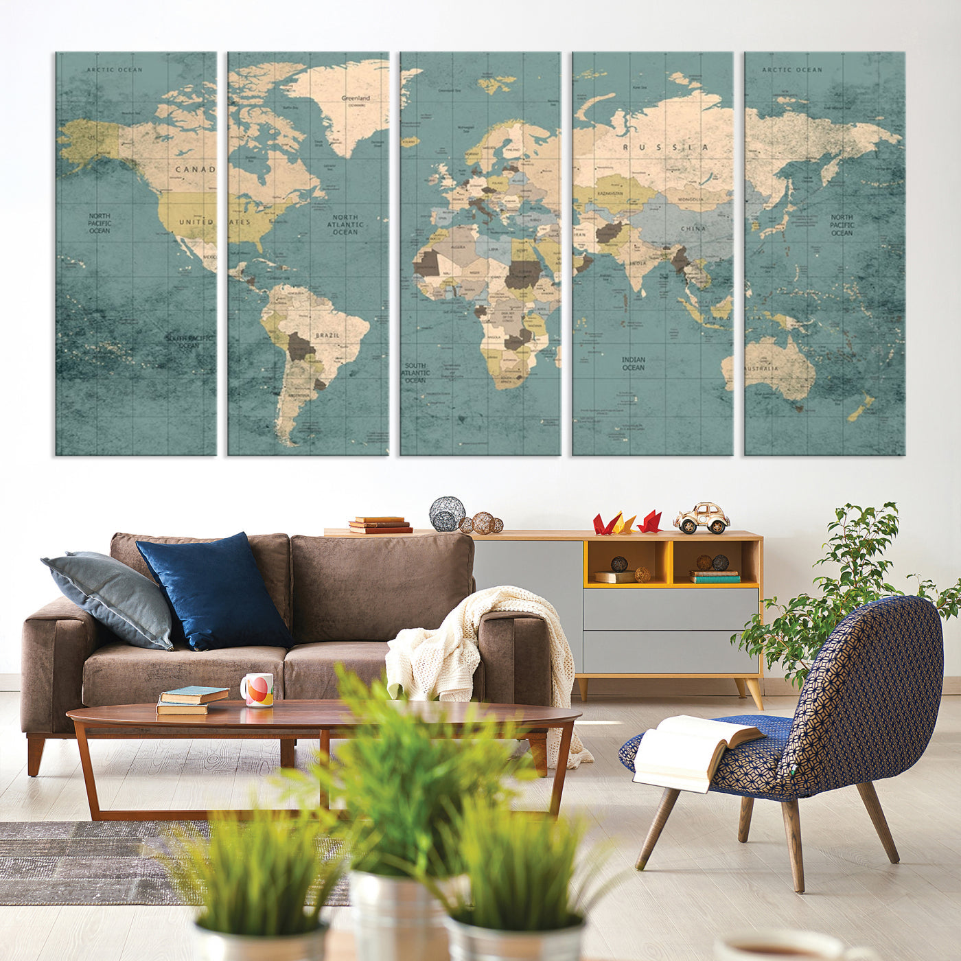 Classic World Map Wall Art Canvas Print, Framed Retro Map Art Picture Print, Vintage Atlas Perfect Rustic Explorer Decor Artwork