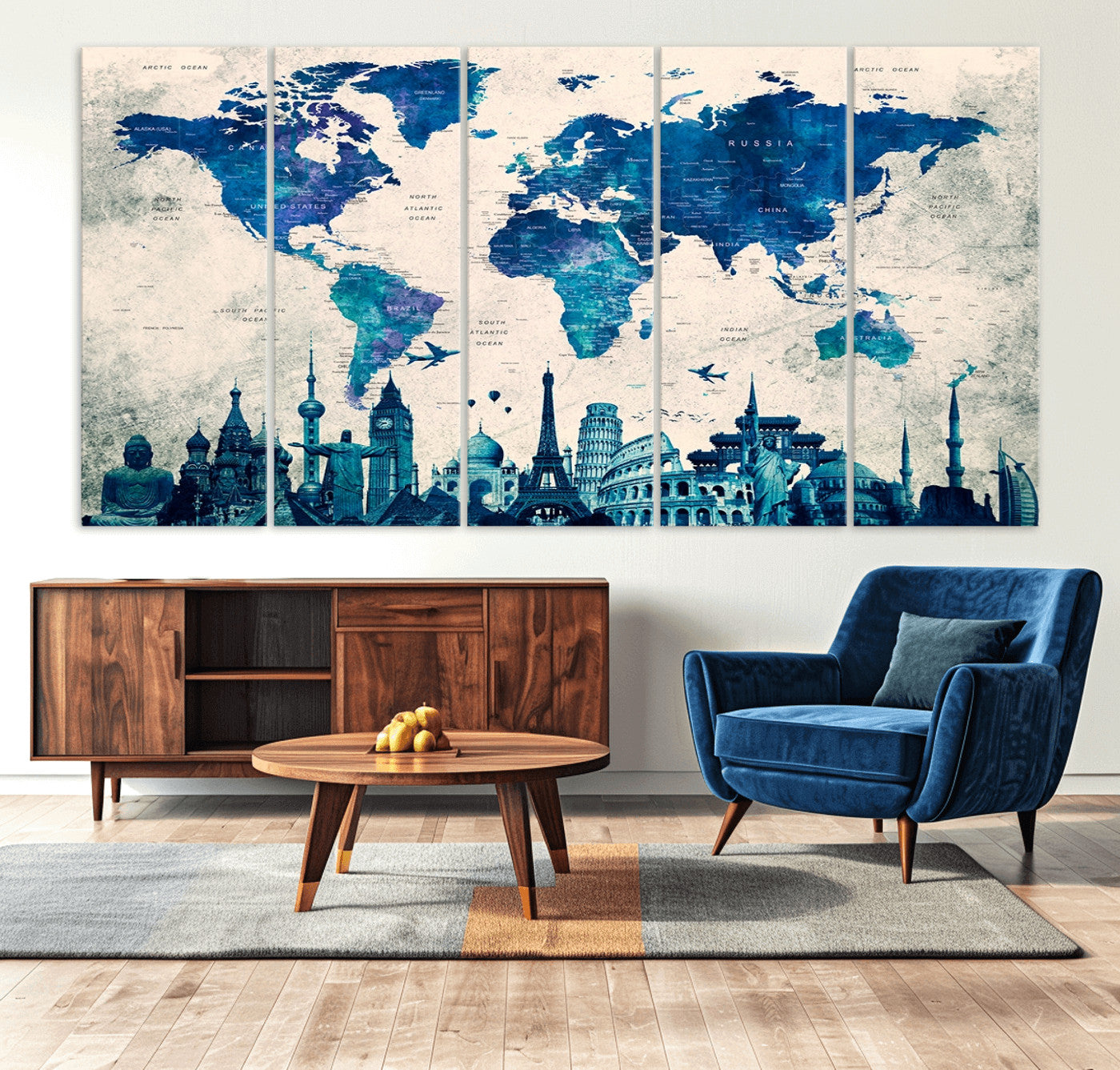 Navy Blue World Map Canvas Print, Wonder of World Map Push Pin Canvas Print