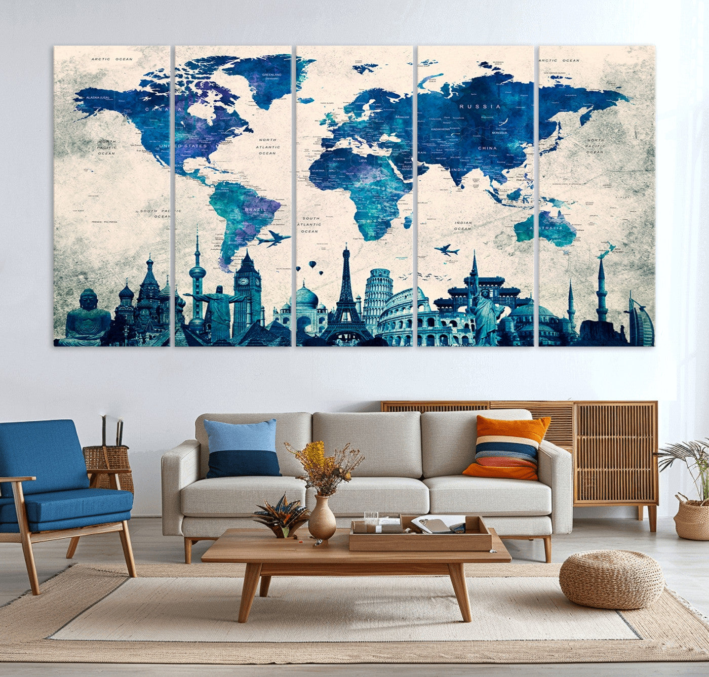 Navy Blue World Map Canvas Print, Wonder of World Map Push Pin Canvas Print