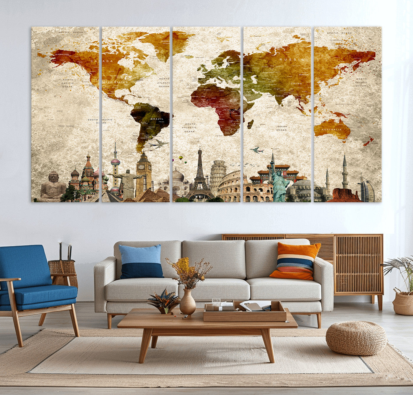 Push Pin World Map Canvas Print – Framed Wall Art for Couples to Track Their Travels – Anniversary Gift or Home Adventure Decor