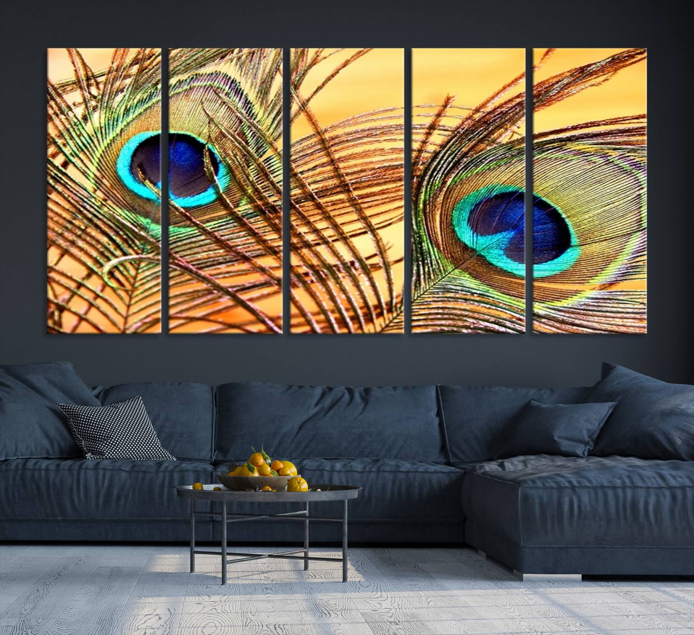 Peacock Feather Wall Art Print - Vibrant Green, Blue, and Orange Peacock Feather Design, Ready to Hang