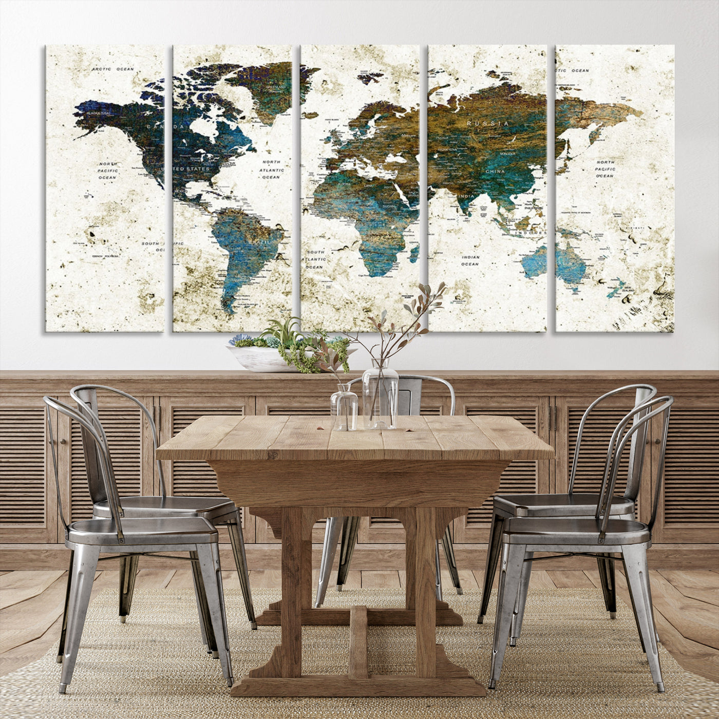 Vintage World Map Wall Art Canvas Print, Framed Rustic Earth Map Art Picture Print, Antique Map Perfect Rustic Vintage Decor Artwork