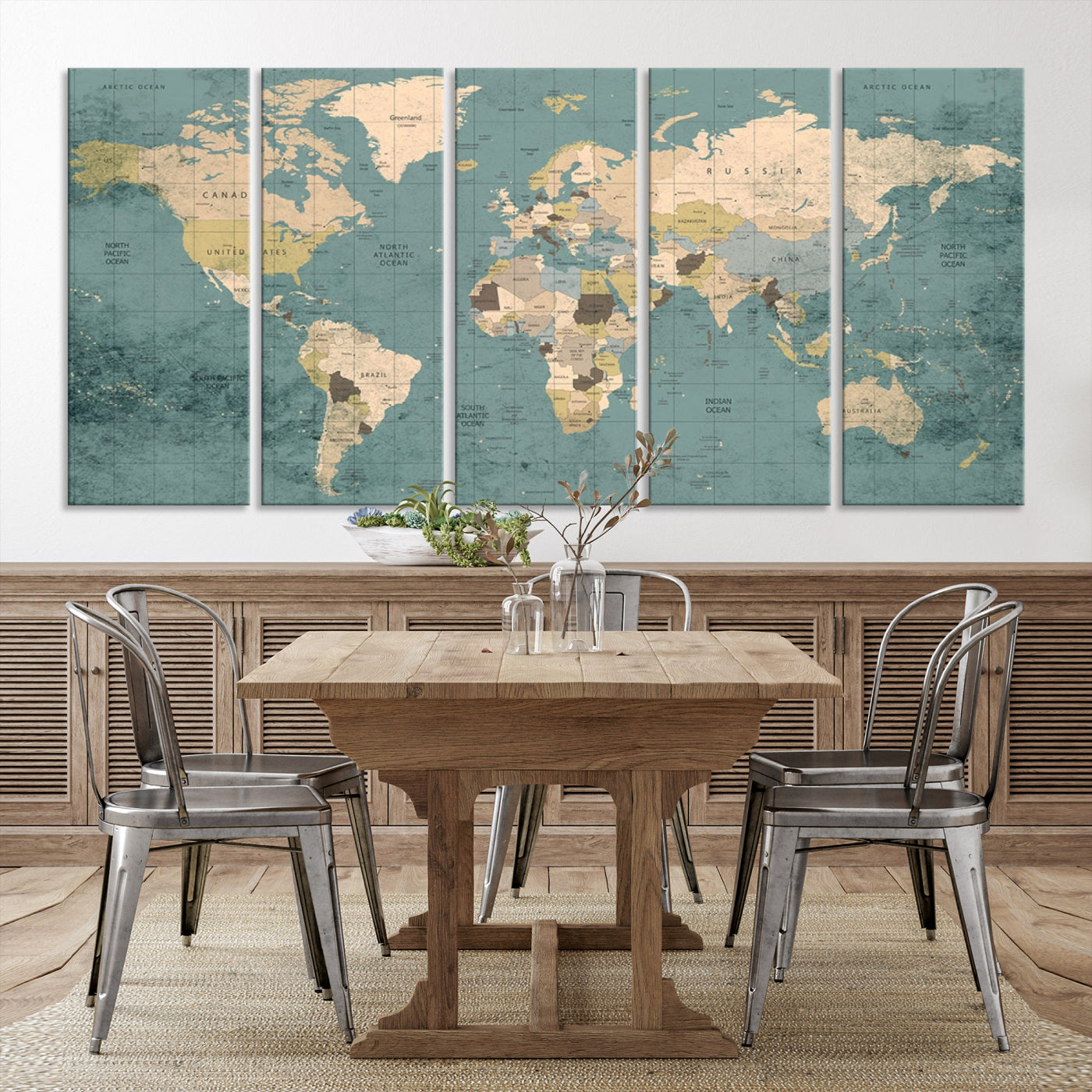 Classic World Map Wall Art Canvas Print, Framed Retro Map Art Picture Print, Vintage Atlas Perfect Rustic Explorer Decor Artwork