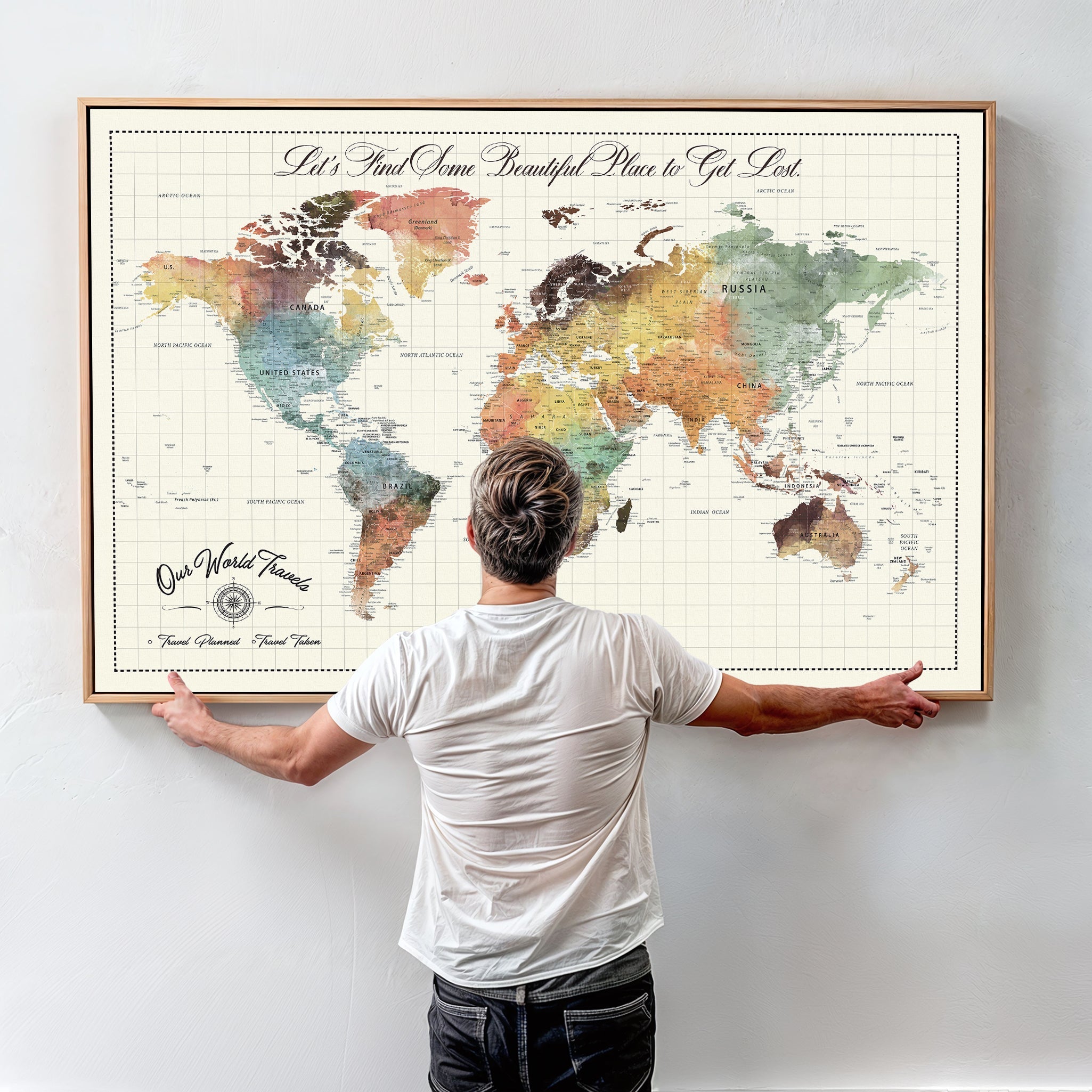 '-Custom Framed World Map Canvas Print – Personalized Push Pin Travel Tracker Gift for Couples, Weddings, or Anniversary Celebrations - H76