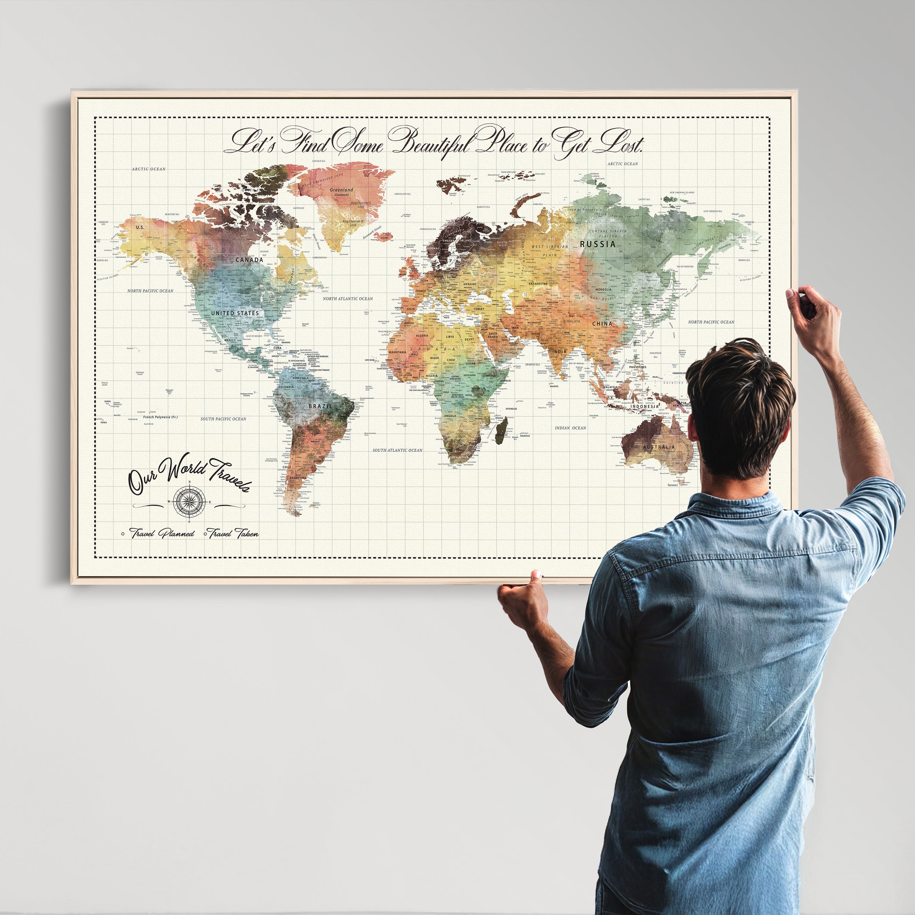 '-Custom Framed World Map Canvas Print – Personalized Push Pin Travel Tracker Gift for Couples, Weddings, or Anniversary Celebrations - H76