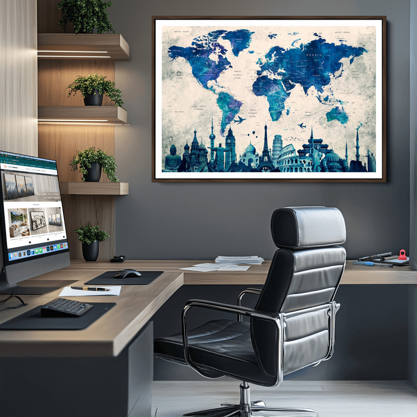 Navy Blue World Map Canvas Print, Wonder of World Map Push Pin Canvas Print