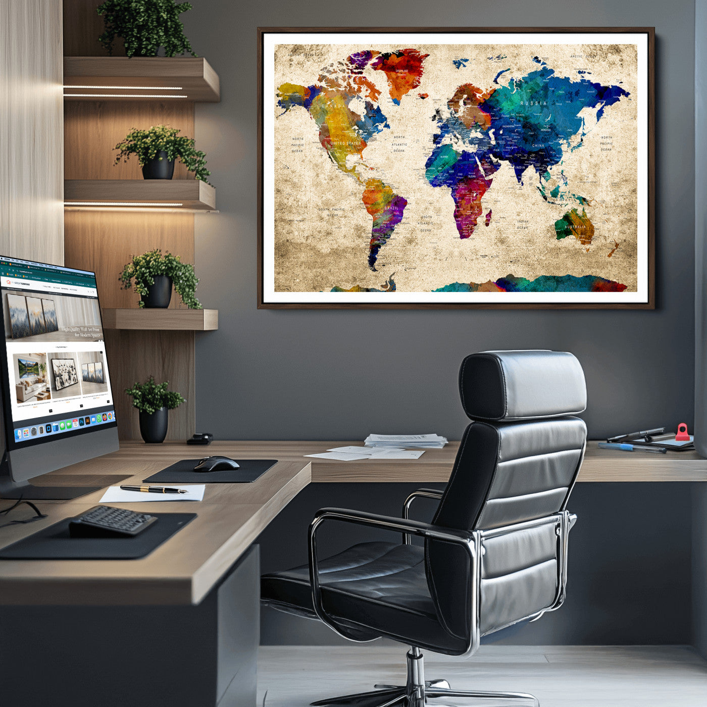 Push Pin World Map Canvas Print – Framed Wall Art for Couples to Track Their Travels – Anniversary Gift or Home Adventure Decor