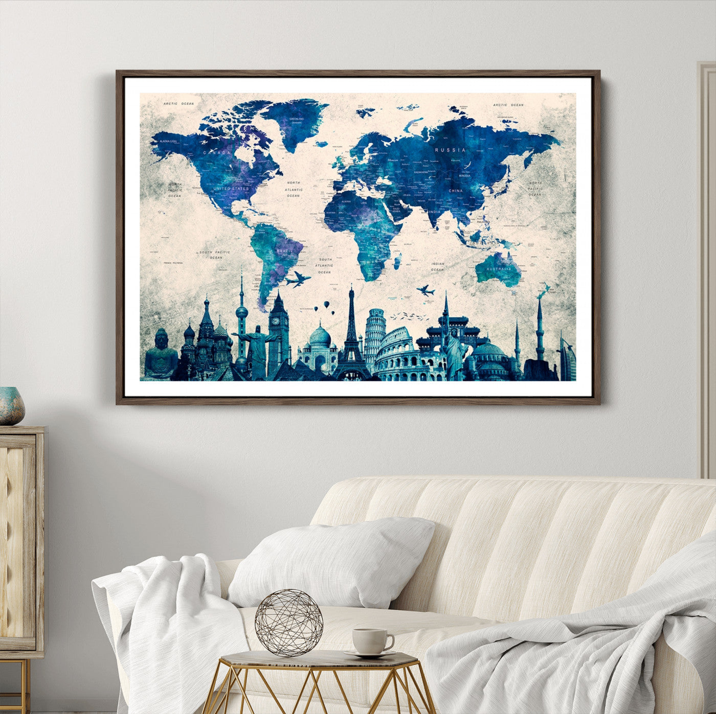 Navy Blue World Map Canvas Print, Wonder of World Map Push Pin Canvas Print