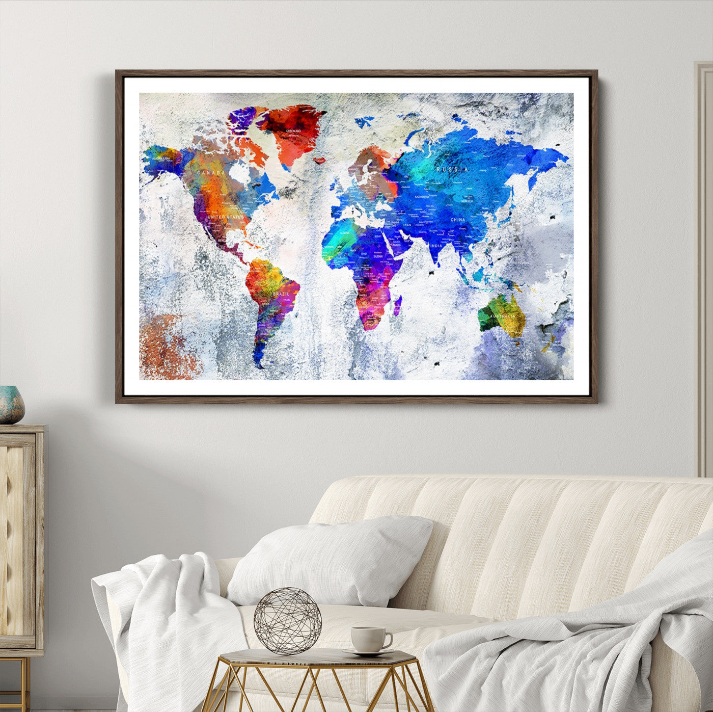 Push Pin World Map Canvas Print – Framed Wall Art for Couples to Track Their Travels – Anniversary Gift or Home Adventure Decor