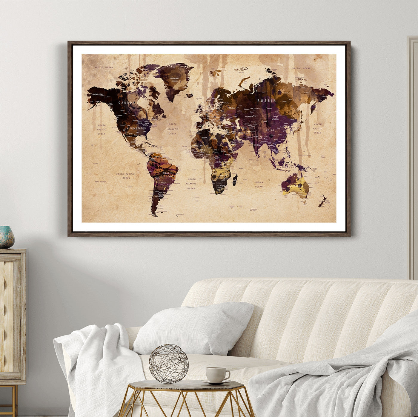Push Pin World Map Canvas Print – Framed Wall Art for Couples to Track Their Travels – Anniversary Gift or Home Adventure Decor