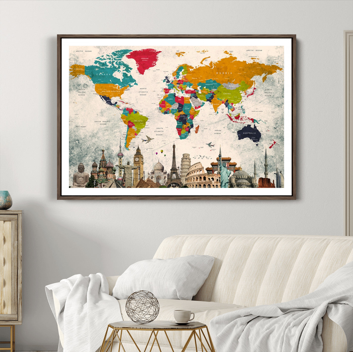 Push Pin World Map Canvas Print – Framed Wall Art for Couples to Track Their Travels – Anniversary Gift or Home Adventure Decor