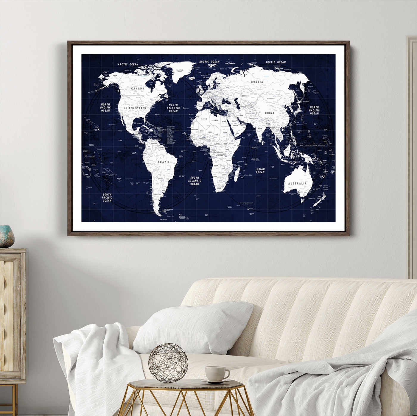 Push Pin World Map Canvas Print – Framed Wall Art for Couples to Track Their Travels – Anniversary Gift or Home Adventure Decor
