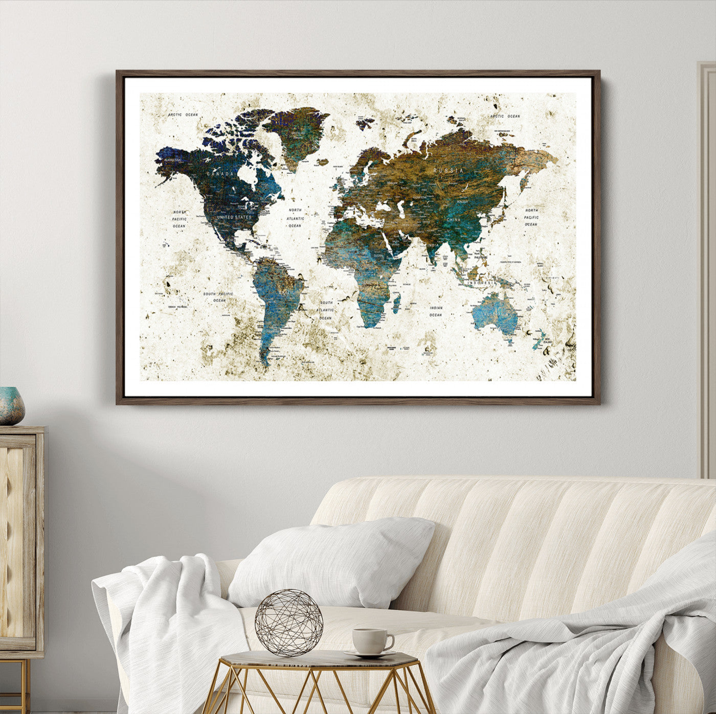 Push Pin World Map Canvas Print – Framed Wall Art for Couples to Track Their Travels – Anniversary Gift or Home Adventure Decor