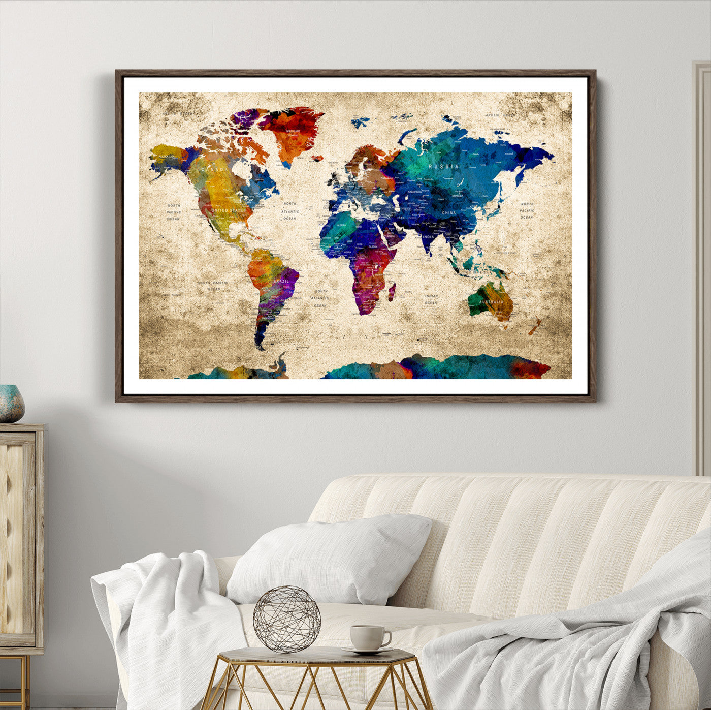 Push Pin World Map Canvas Print – Framed Wall Art for Couples to Track Their Travels – Anniversary Gift or Home Adventure Decor