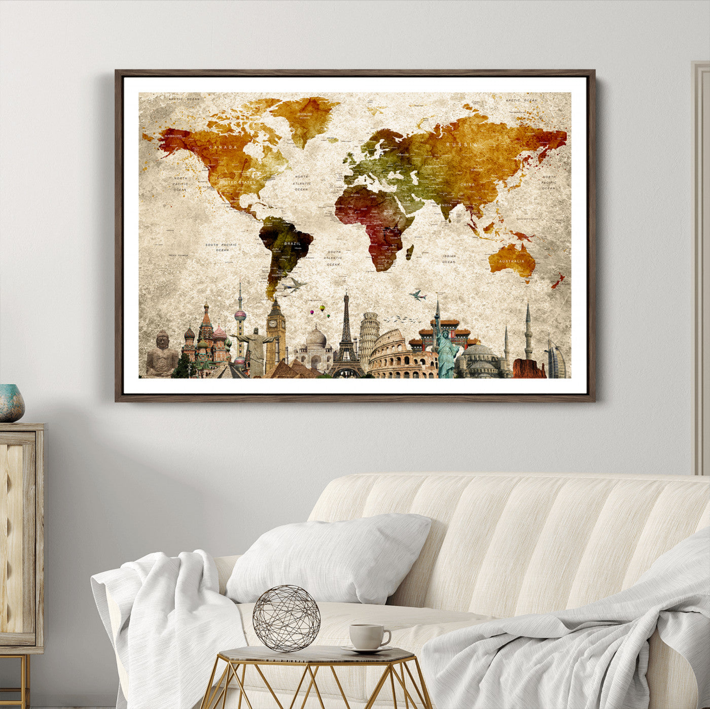 Push Pin World Map Canvas Print – Framed Wall Art for Couples to Track Their Travels – Anniversary Gift or Home Adventure Decor