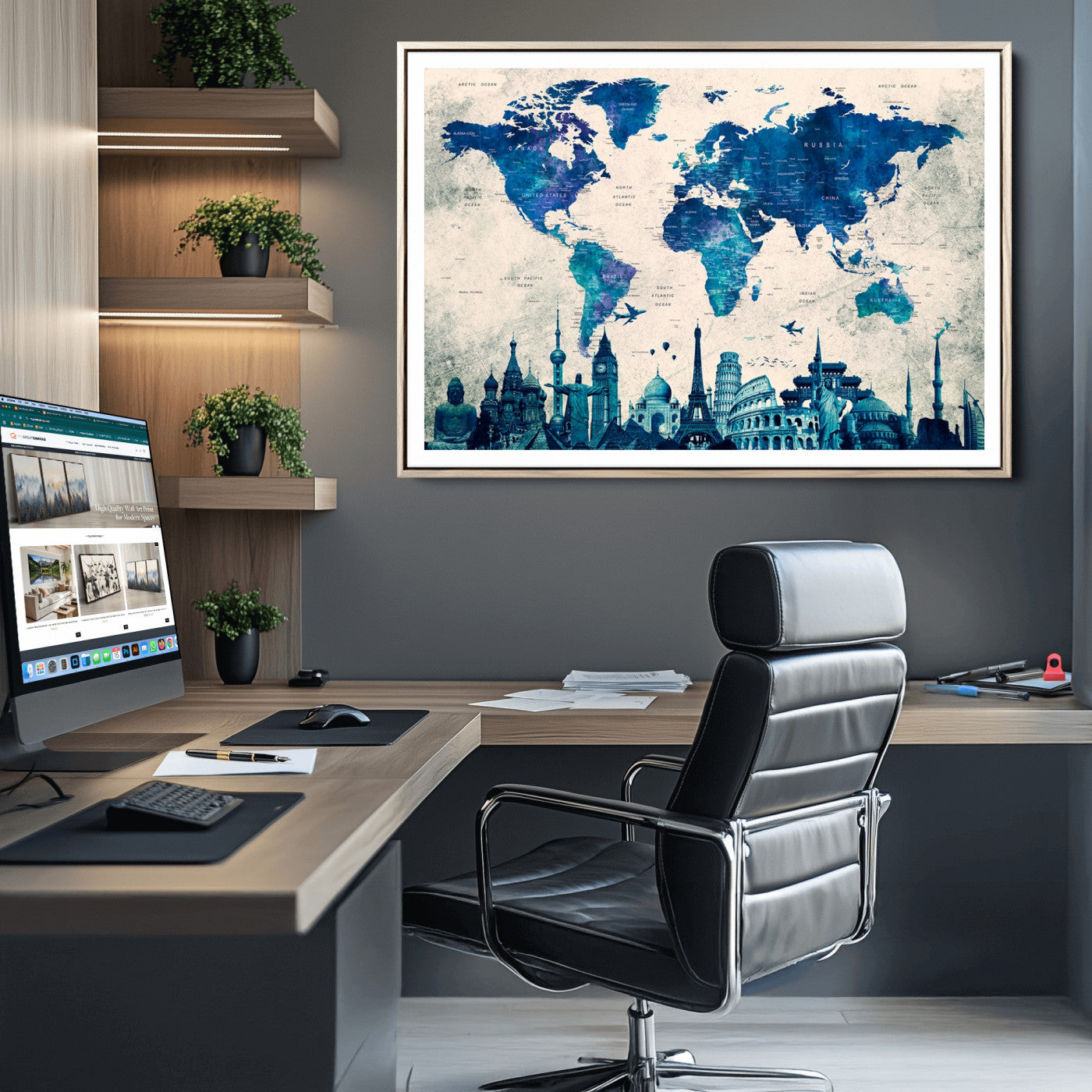 Navy Blue World Map Canvas Print, Wonder of World Map Push Pin Canvas Print