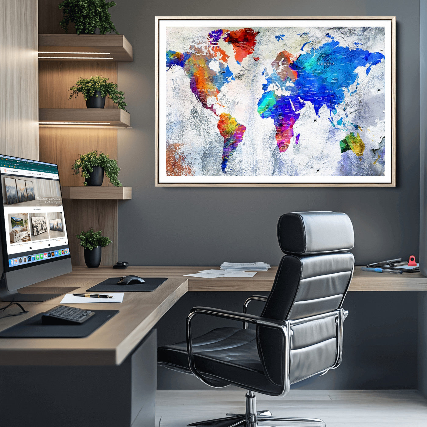 Push Pin World Map Canvas Print – Framed Wall Art for Couples to Track Their Travels – Anniversary Gift or Home Adventure Decor