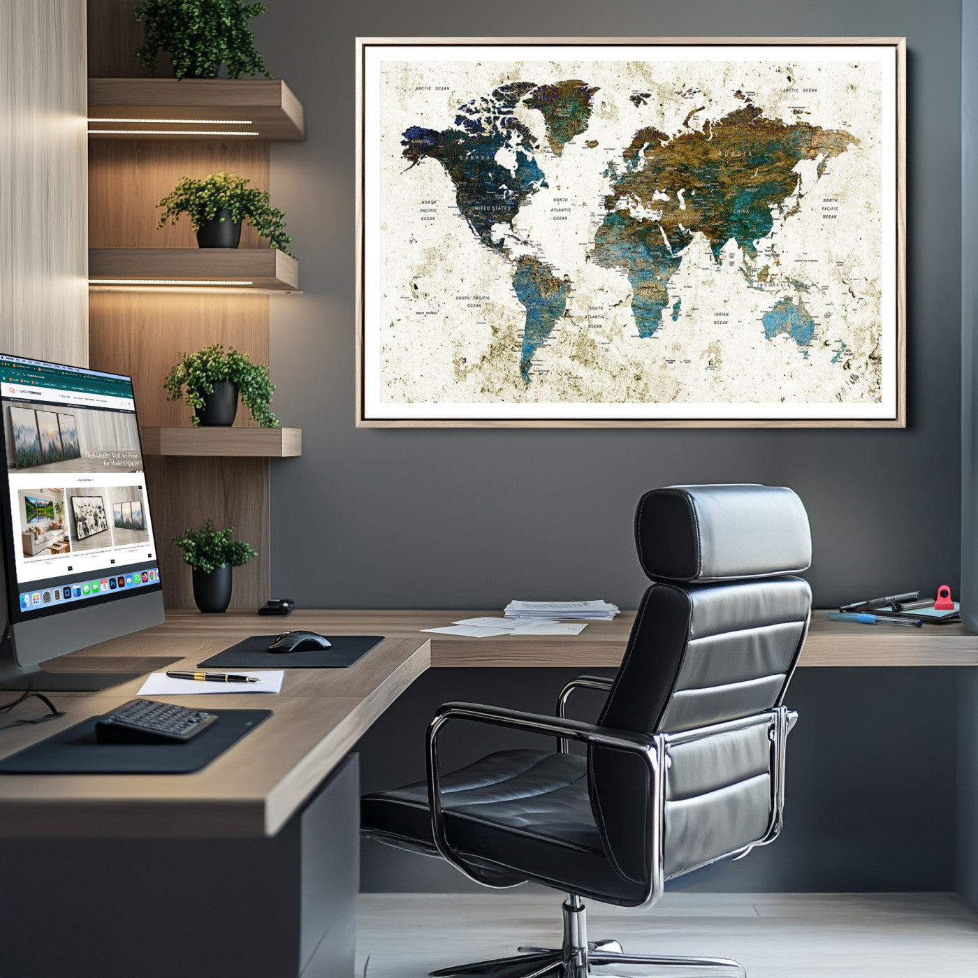 Vintage World Map Wall Art Canvas Print, Framed Rustic Earth Map Art Picture Print, Antique Map Perfect Rustic Vintage Decor Artwork