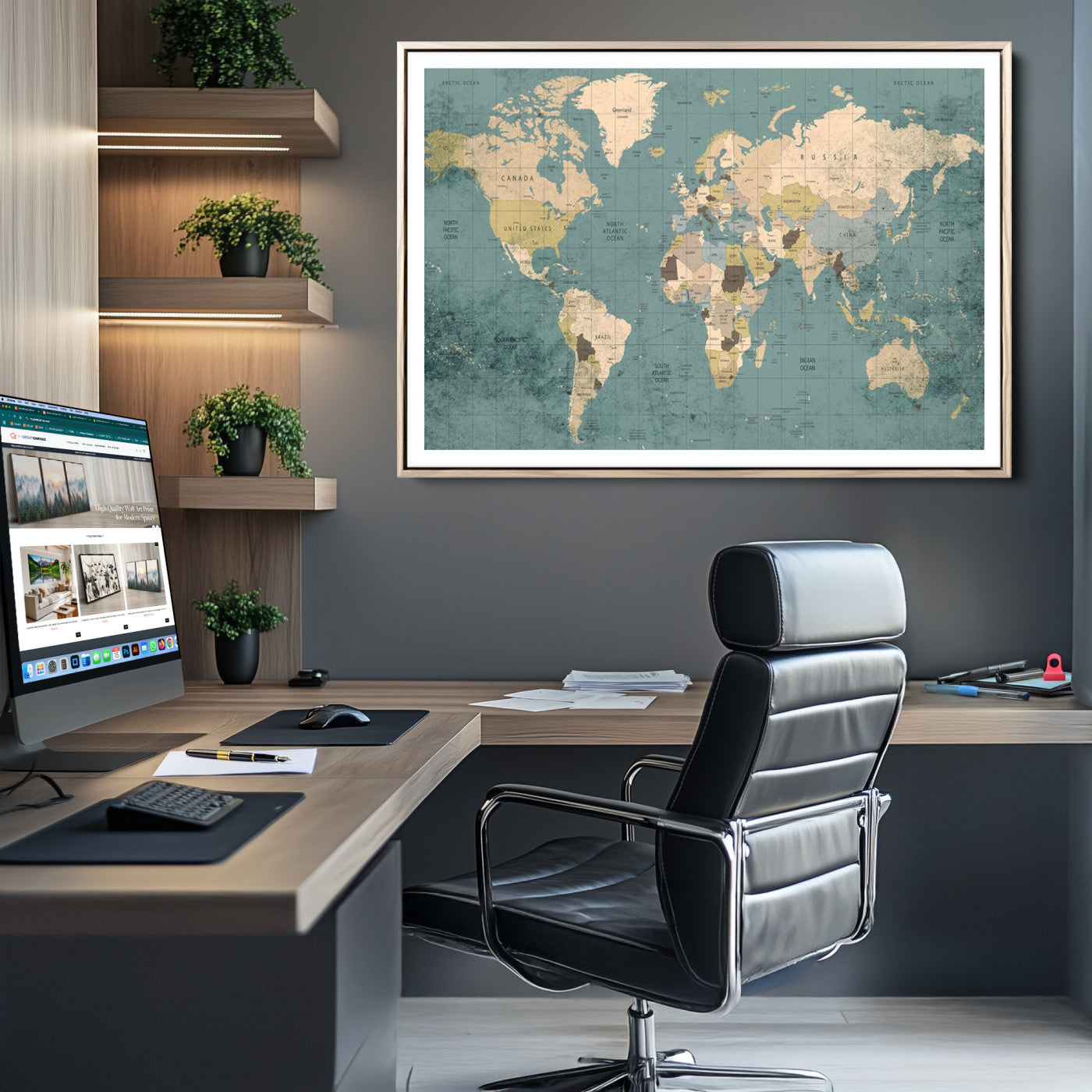 Classic World Map Wall Art Canvas Print, Framed Retro Map Art Picture Print, Vintage Atlas Perfect Rustic Explorer Decor Artwork