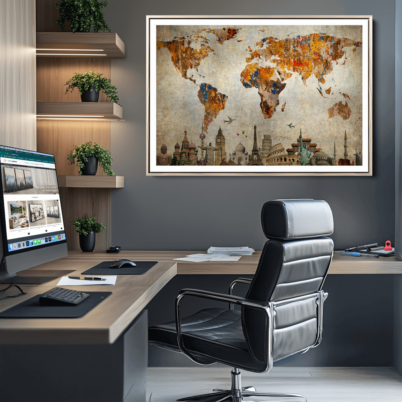 Push Pin World Map Canvas Print – Framed Wall Art for Couples to Track Their Travels – Anniversary Gift or Home Adventure Decor