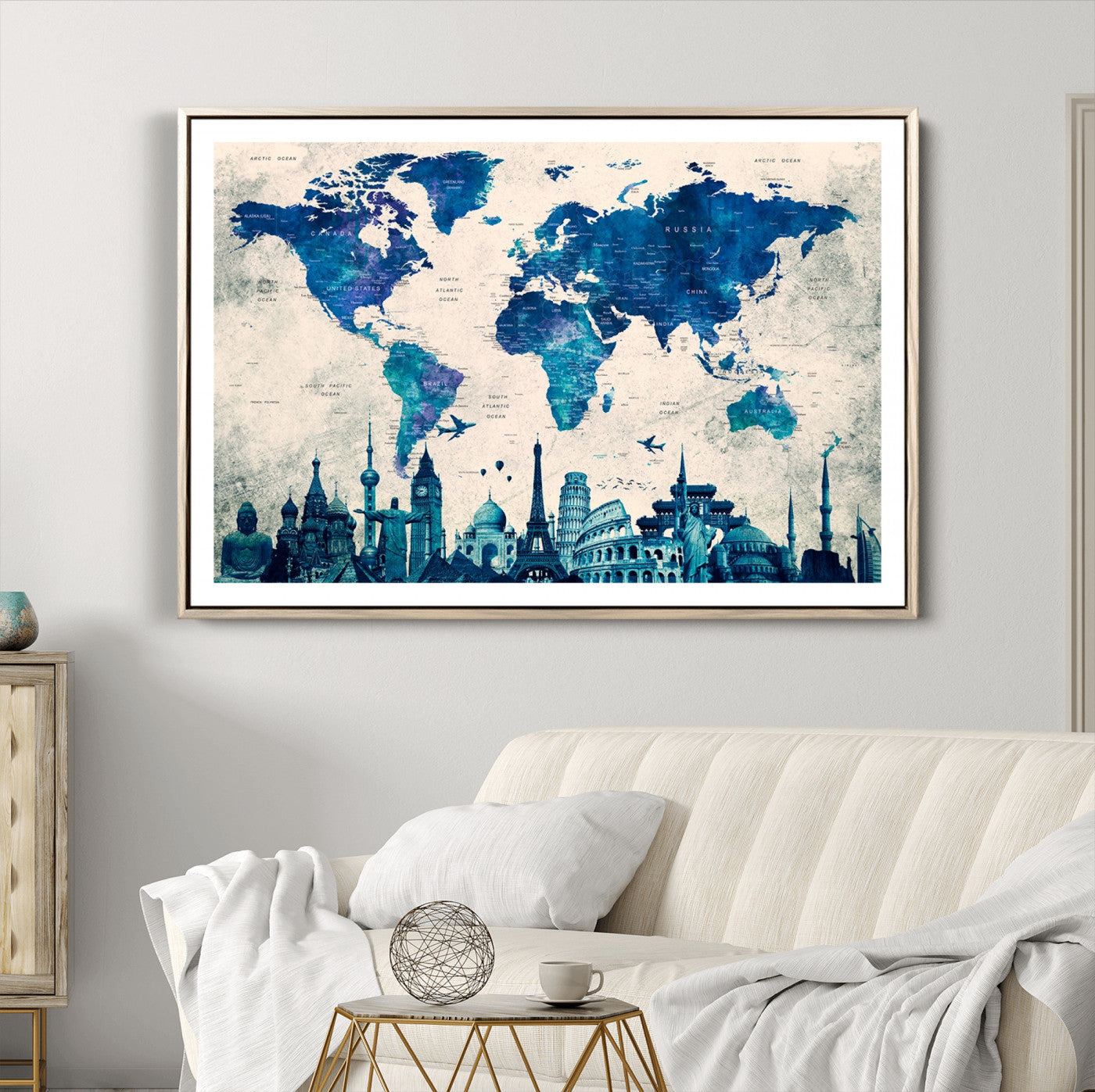 Navy Blue World Map Canvas Print, Wonder of World Map Push Pin Canvas Print