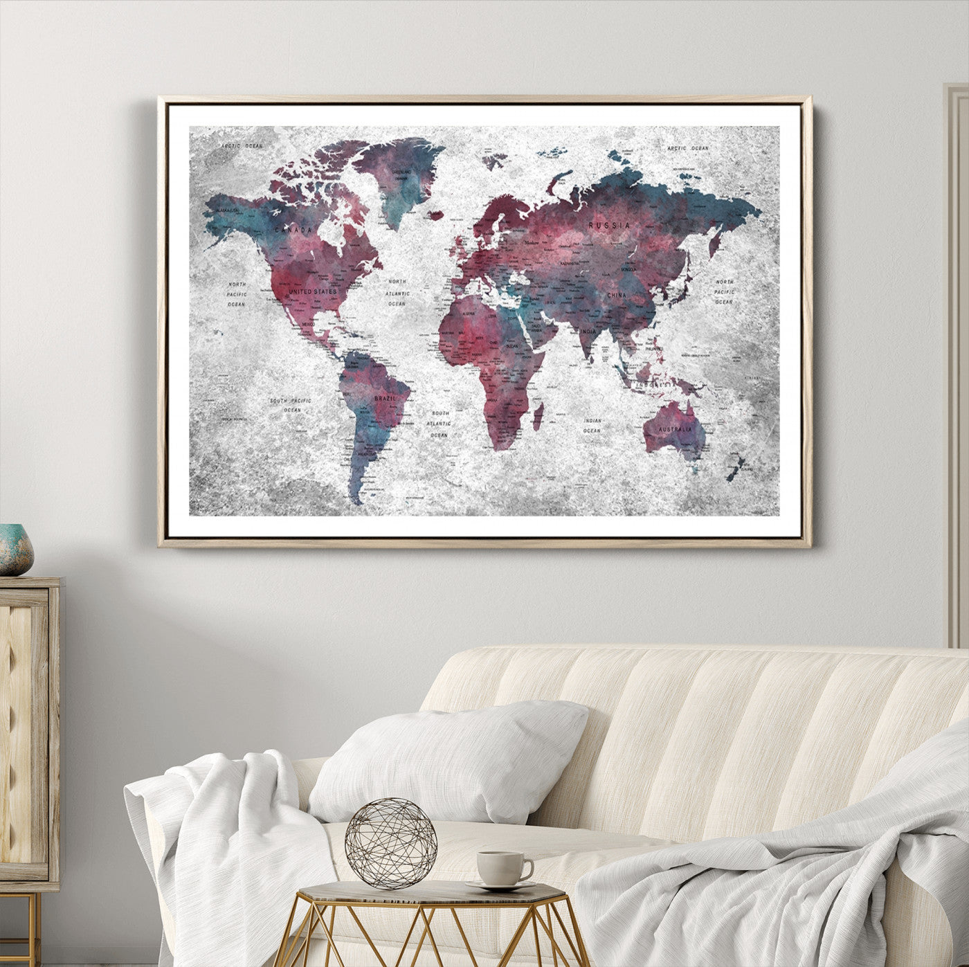 Push Pin World Map Canvas Print – Framed Wall Art for Couples to Track Their Travels – Anniversary Gift or Home Adventure Decor