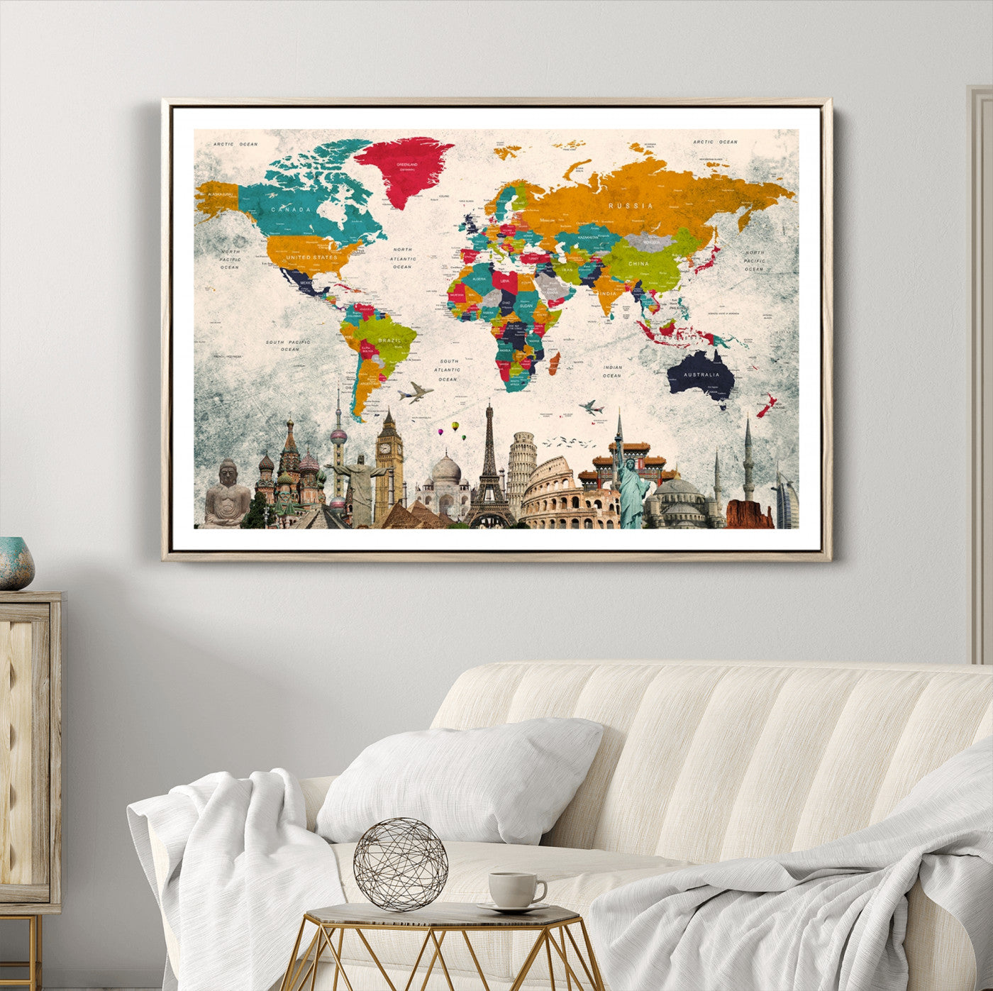 Push Pin World Map Canvas Print – Framed Wall Art for Couples to Track Their Travels – Anniversary Gift or Home Adventure Decor