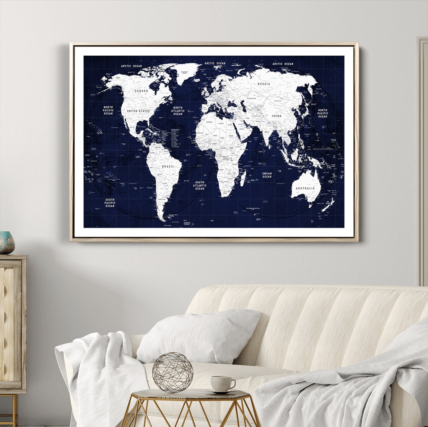 Push Pin World Map Canvas Print – Framed Wall Art for Couples to Track Their Travels – Anniversary Gift or Home Adventure Decor