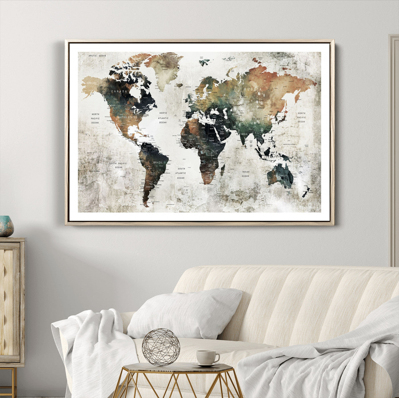 Push Pin World Map Canvas Print – Framed Wall Art for Couples to Track Their Travels – Anniversary Gift or Home Adventure Decor