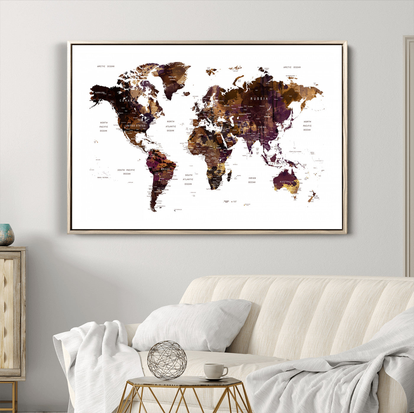 Push Pin World Map Canvas Print – Framed Wall Art for Couples to Track Their Travels – Anniversary Gift or Home Adventure Decor