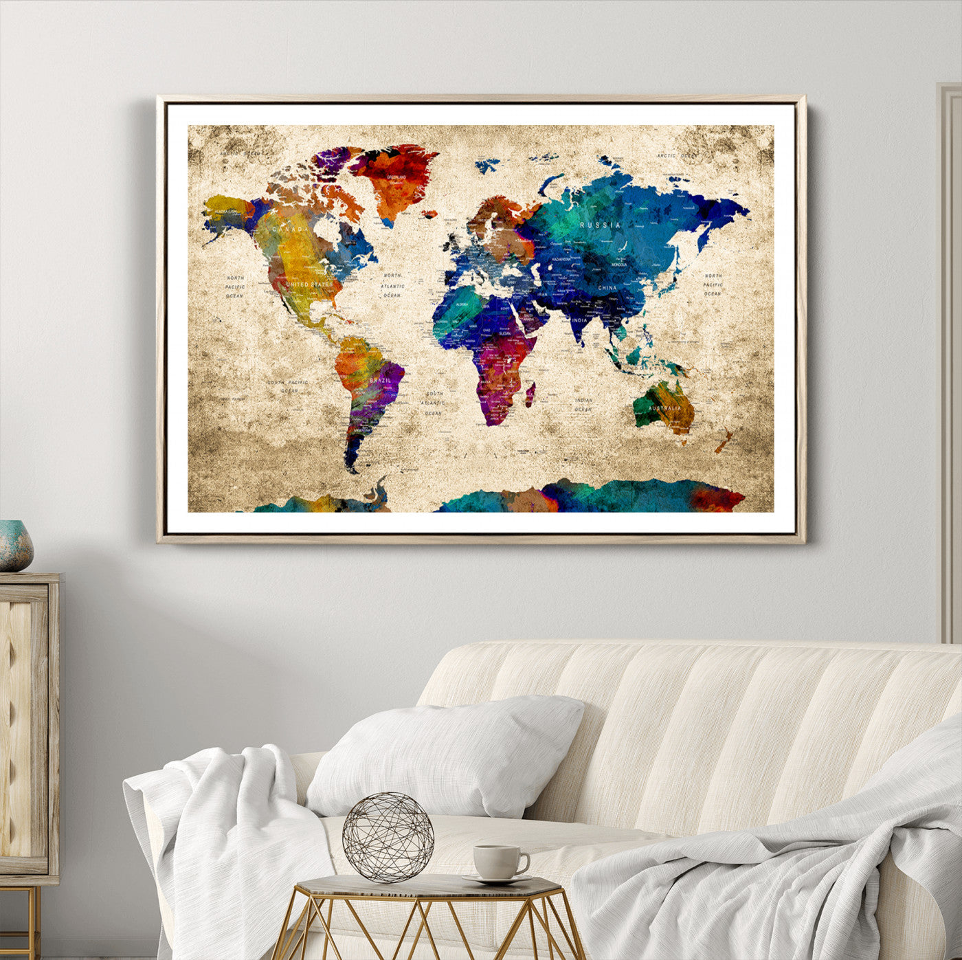 Push Pin World Map Canvas Print – Framed Wall Art for Couples to Track Their Travels – Anniversary Gift or Home Adventure Decor