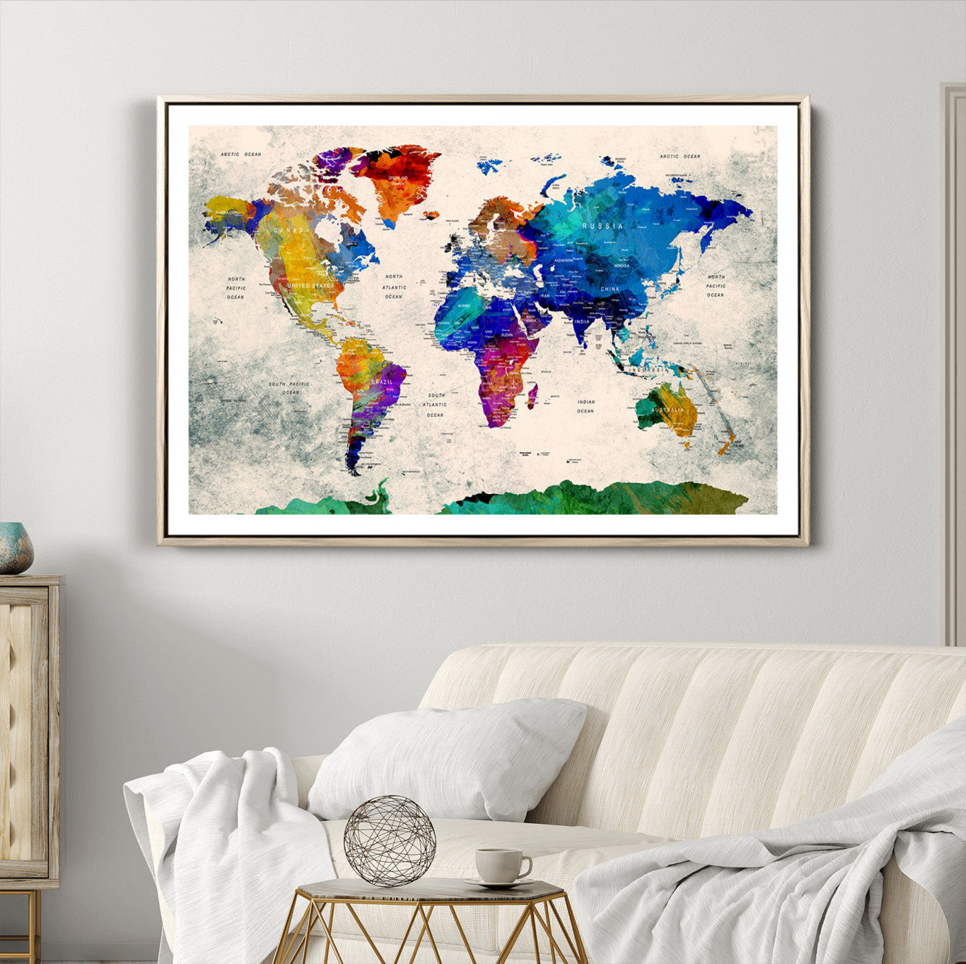 Push Pin World Map Canvas Print – Framed Wall Art for Couples to Track Their Travels – Anniversary Gift or Home Adventure Decor