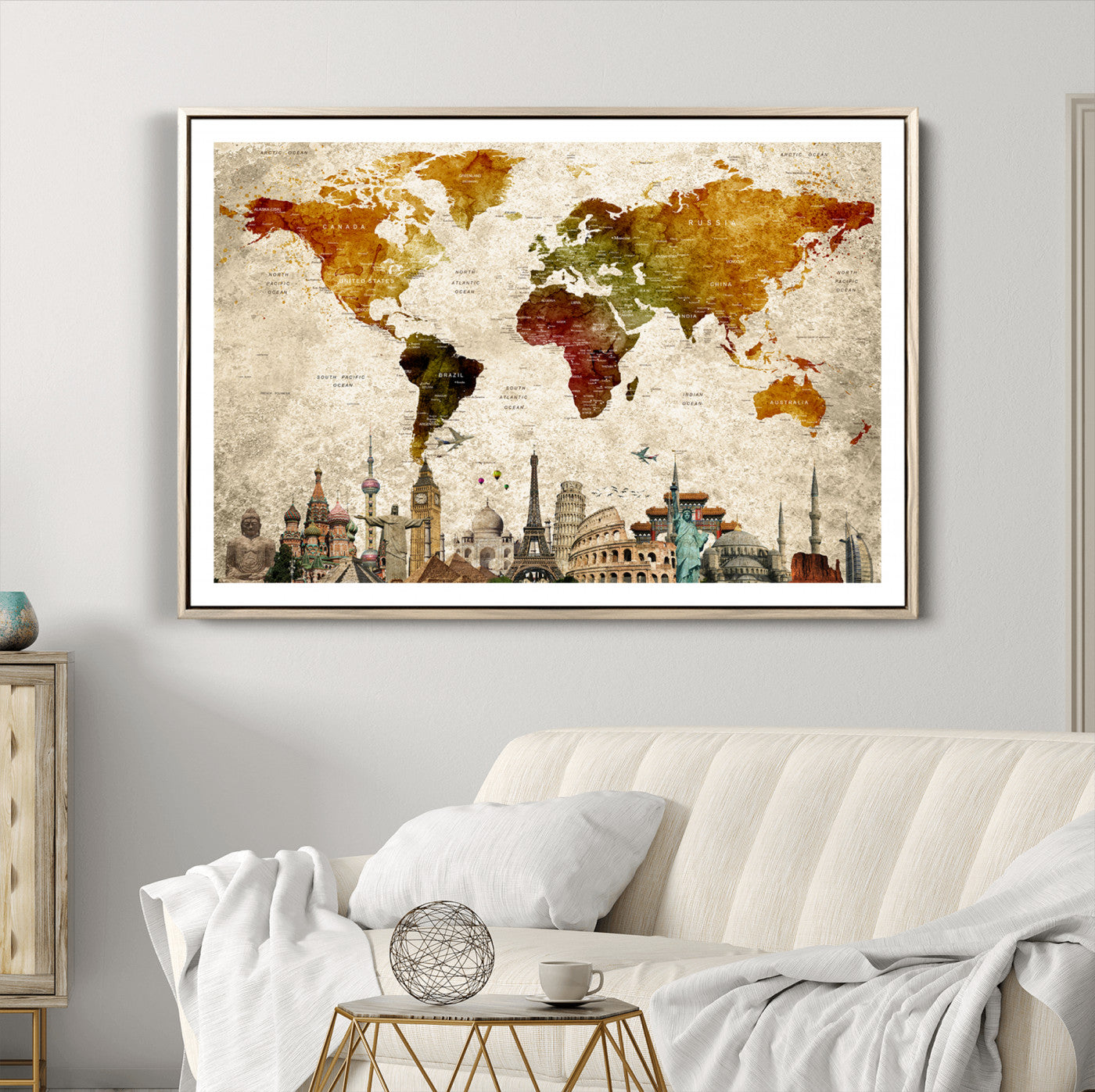 Push Pin World Map Canvas Print – Framed Wall Art for Couples to Track Their Travels – Anniversary Gift or Home Adventure Decor