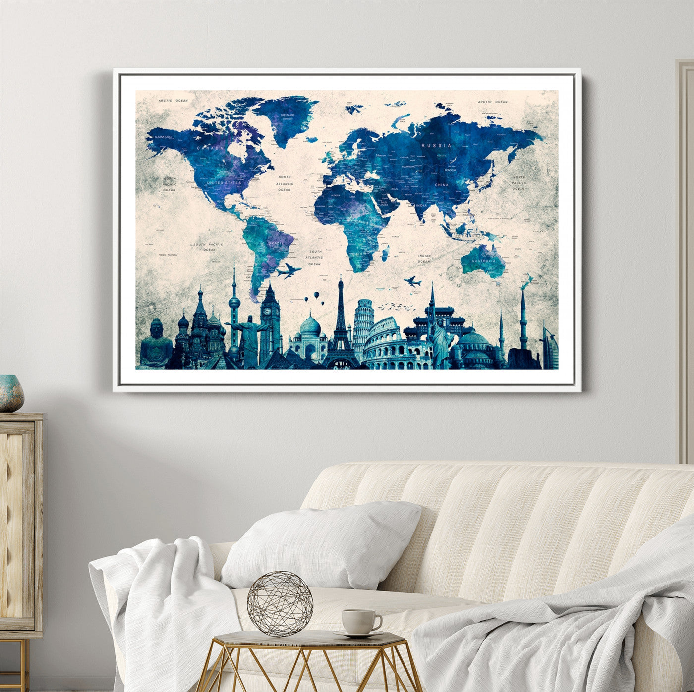 Navy Blue World Map Canvas Print, Wonder of World Map Push Pin Canvas Print