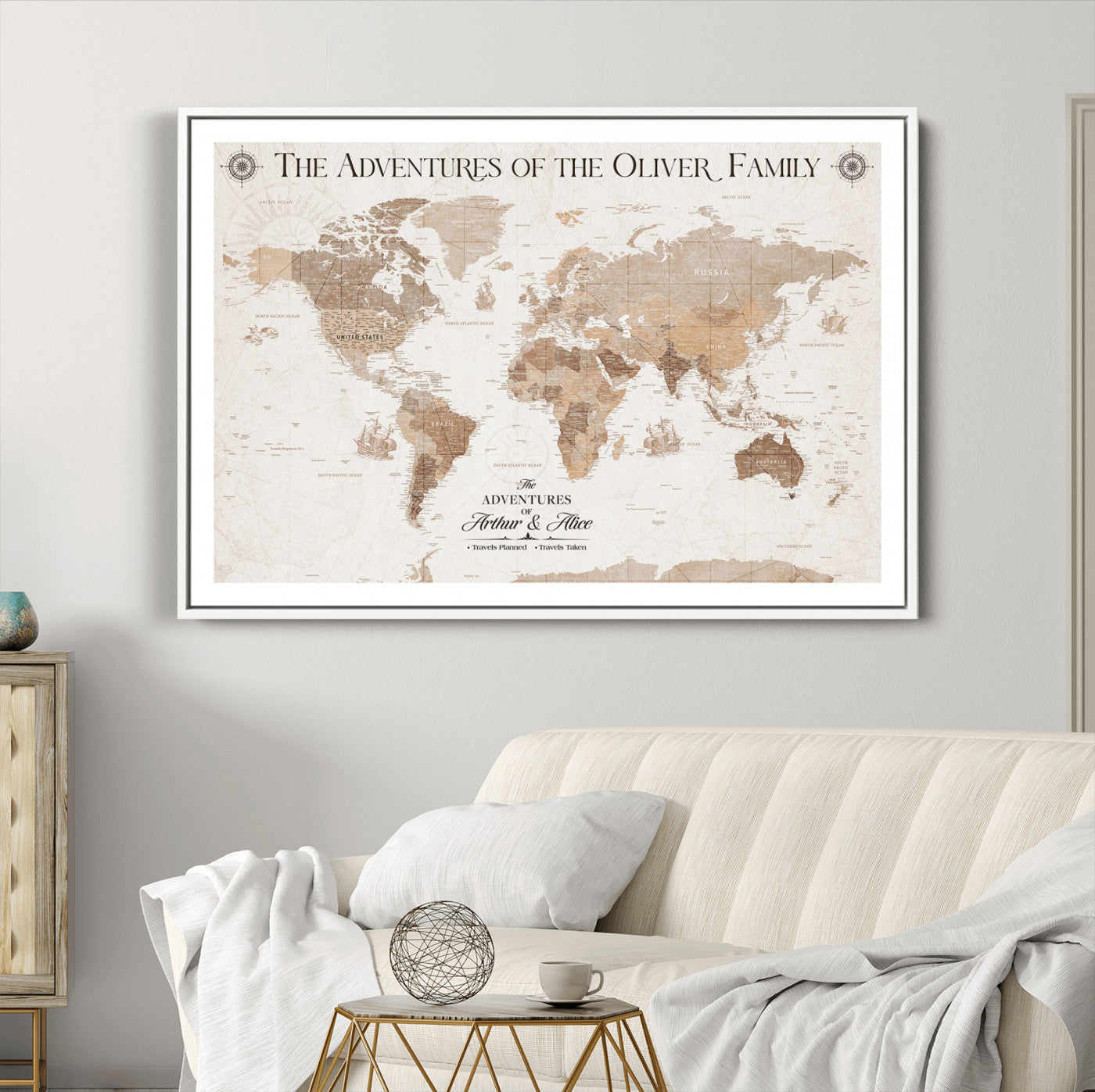 58395047-MGC-FP-36x24_White-Personalized Framed World Map Canvas Wall Art Print – Custom Push Pin Travel Tracker Lover - Custom World Map on Canvas