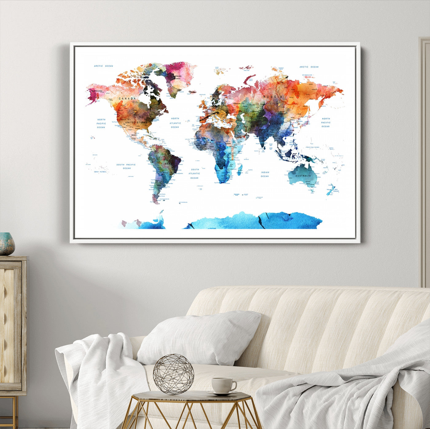 Push Pin World Map Canvas Print – Framed Wall Art for Couples to Track Their Travels – Anniversary Gift or Home Adventure Decor