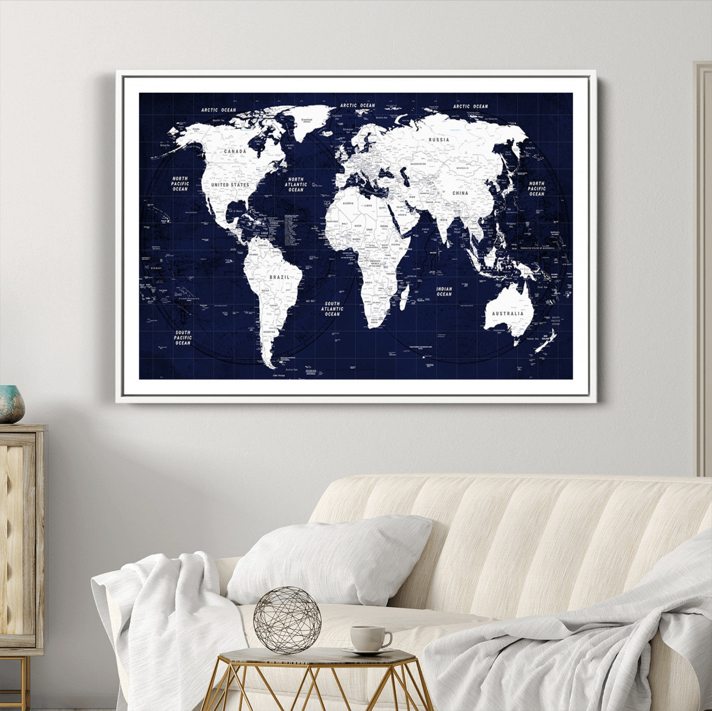 Push Pin World Map Canvas Print – Framed Wall Art for Couples to Track Their Travels – Anniversary Gift or Home Adventure Decor