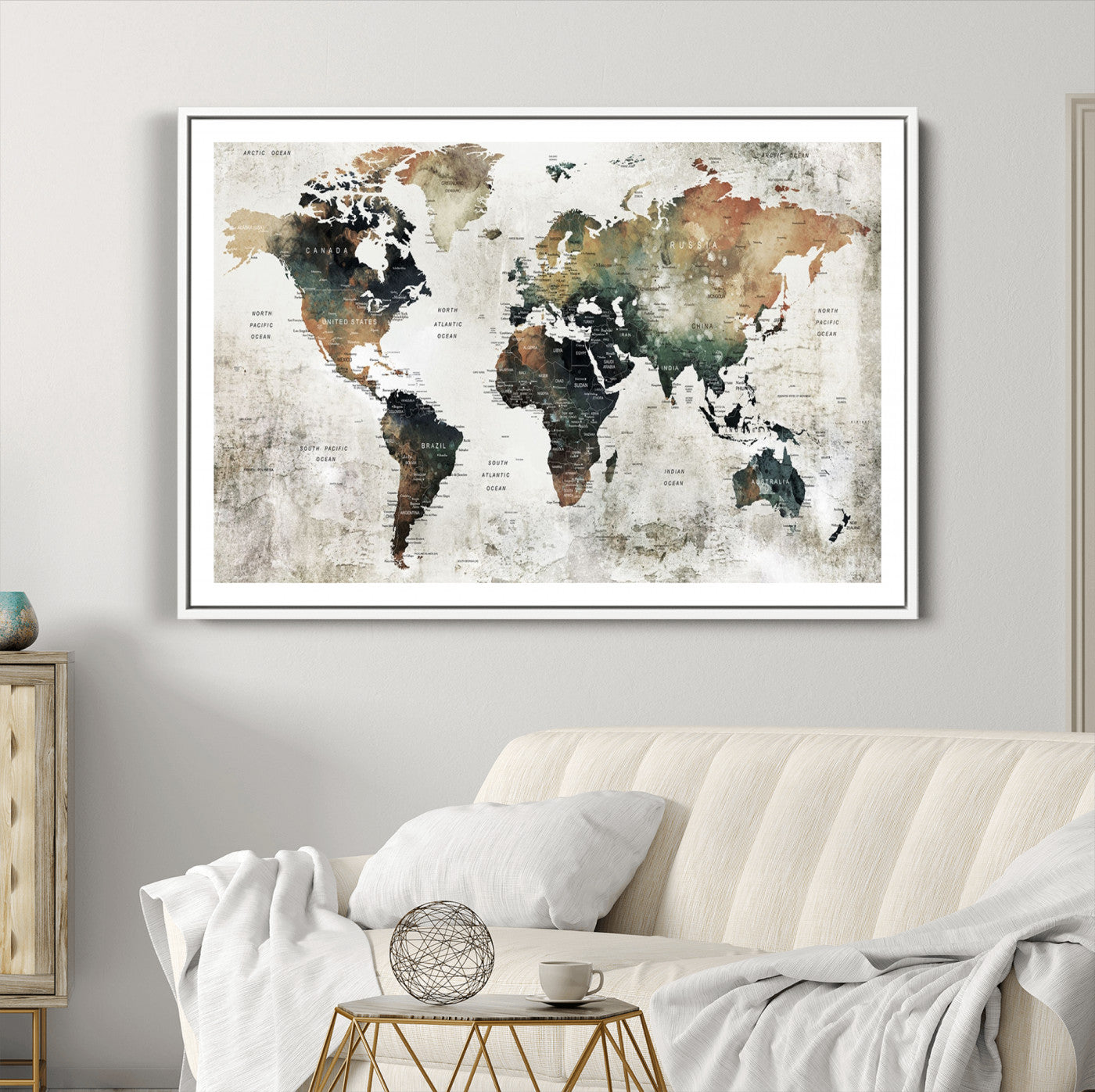 Push Pin World Map Canvas Print – Framed Wall Art for Couples to Track Their Travels – Anniversary Gift or Home Adventure Decor