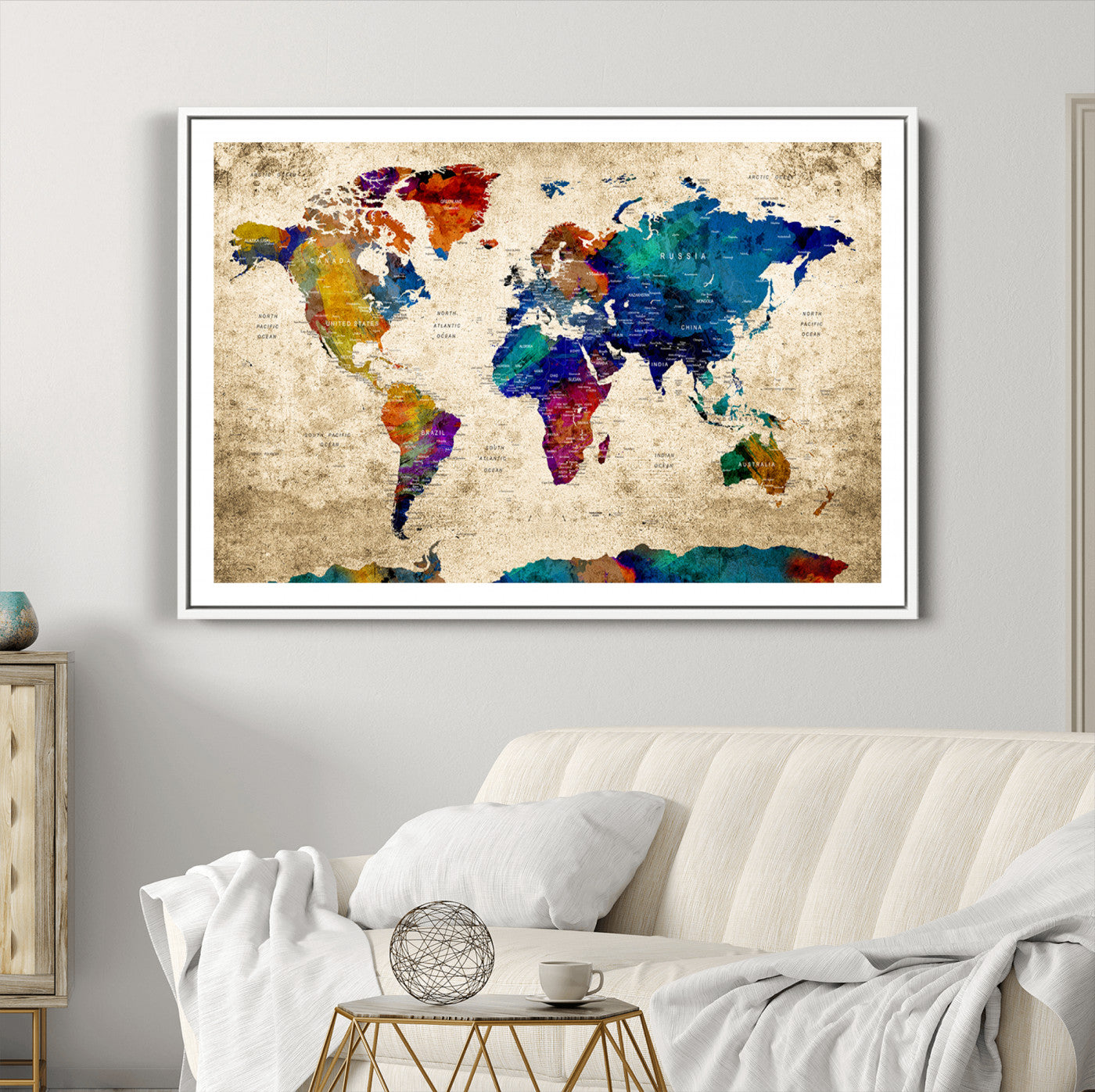 Push Pin World Map Canvas Print – Framed Wall Art for Couples to Track Their Travels – Anniversary Gift or Home Adventure Decor
