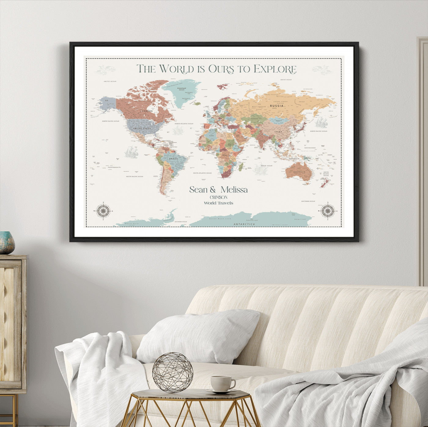 90968866-MGC-FP-40x30-Custom Push Pin World Map Wall Canvas Print – Personalized Travel Tracker with Pins – Framed Large Multi-Size Canvas for Home Office Decor