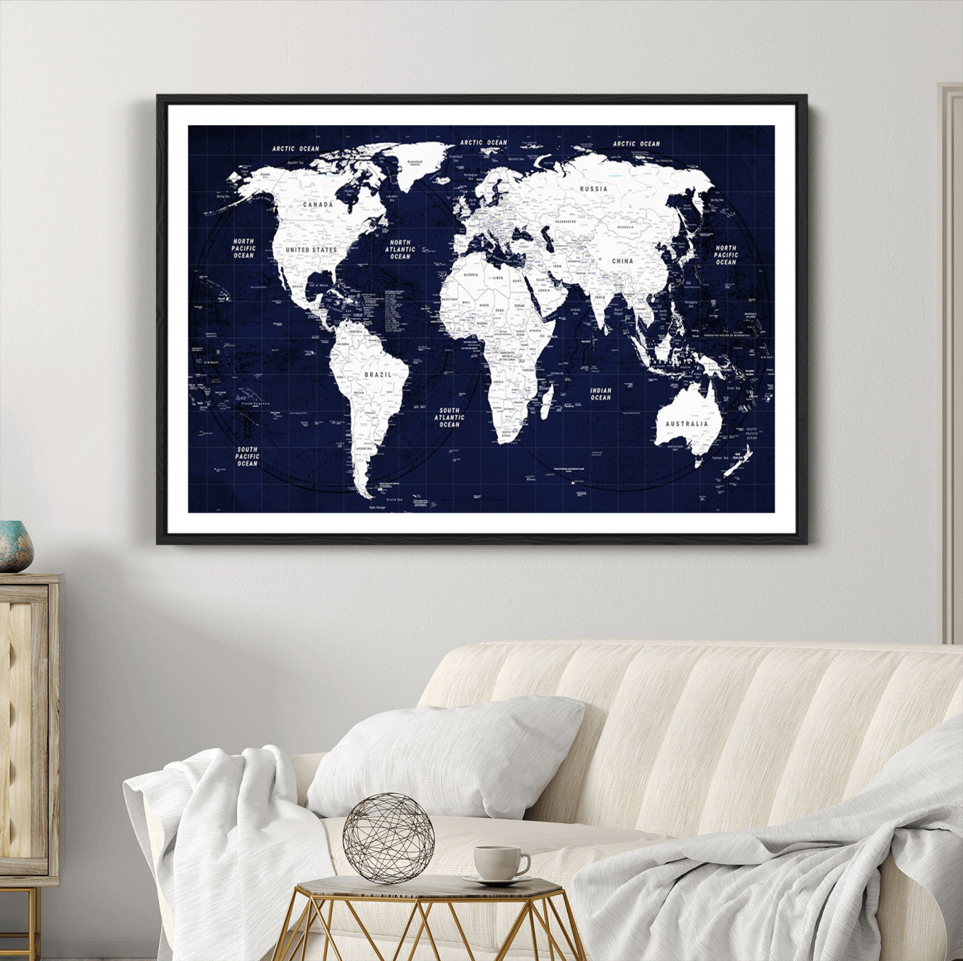 Push Pin World Map Canvas Print – Framed Wall Art for Couples to Track Their Travels – Anniversary Gift or Home Adventure Decor