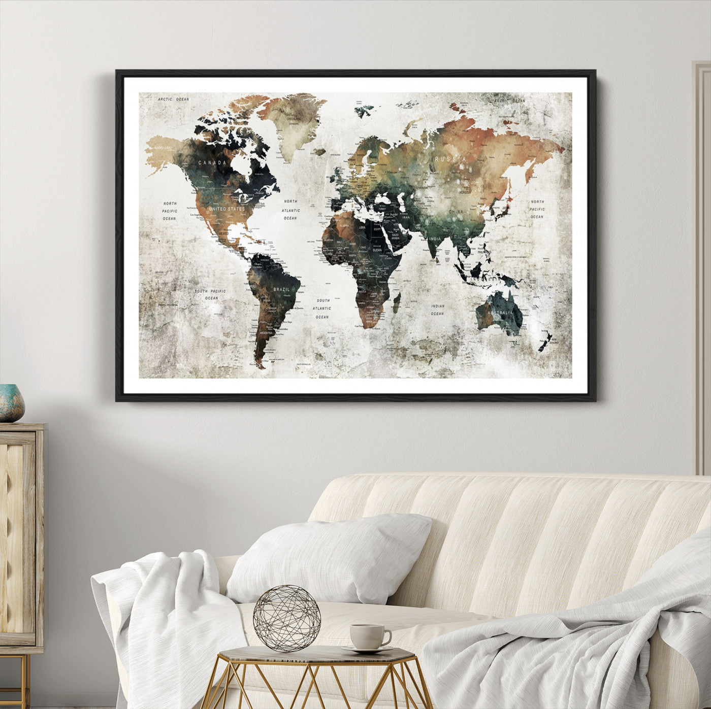 Push Pin World Map Canvas Print – Framed Wall Art for Couples to Track Their Travels – Anniversary Gift or Home Adventure Decor