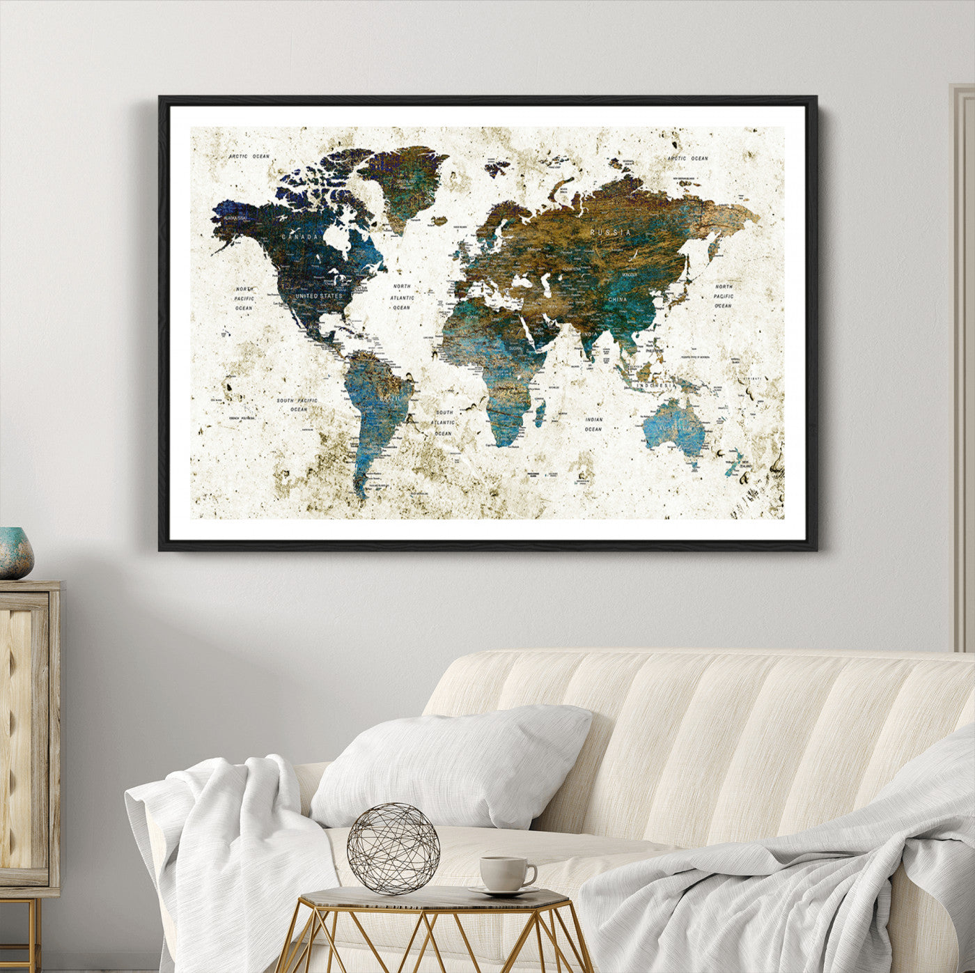 Push Pin World Map Canvas Print – Framed Wall Art for Couples to Track Their Travels – Anniversary Gift or Home Adventure Decor